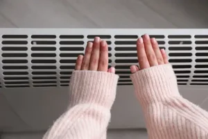 lady holding hand by heat vent